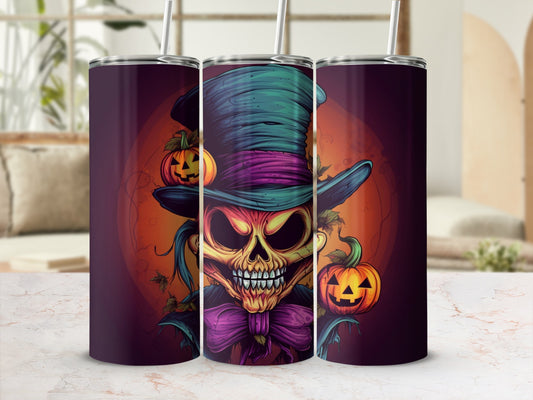 Halloween tumbler with a spooky skeleton character and pumpkins.