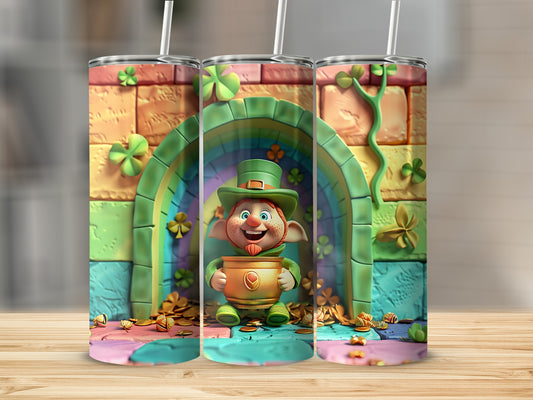 Leprechaun holding pot of gold in front of rainbow arch with shamrocks.