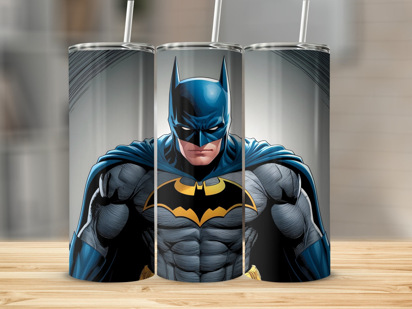 Batman in blue and gray suit, front view, on a tumbler.