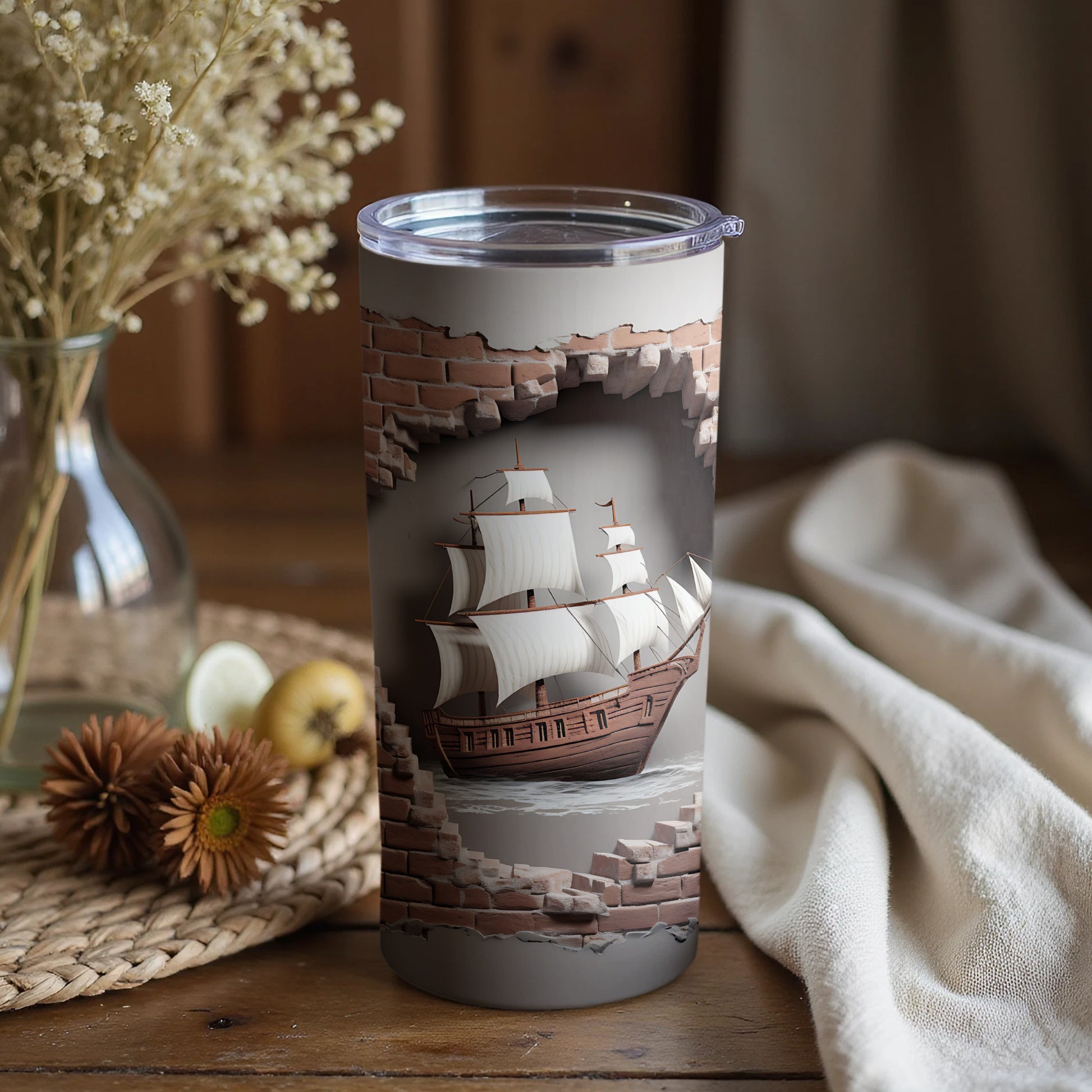 Sailing Ship Breaking Through Wall Tumbler