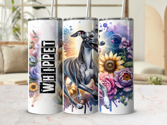 Three tumblers featuring a running greyhound with floral and starry watercolor designs.