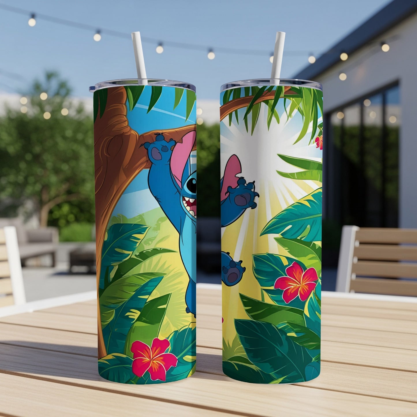 Stitch peeking from tropical leaves on a tall, reusable tumbler with a straw.