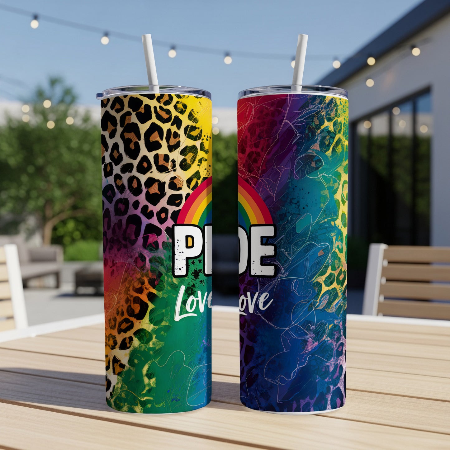 Two Pride-themed tumblers with rainbow and animal print designs, on a table outdoors.