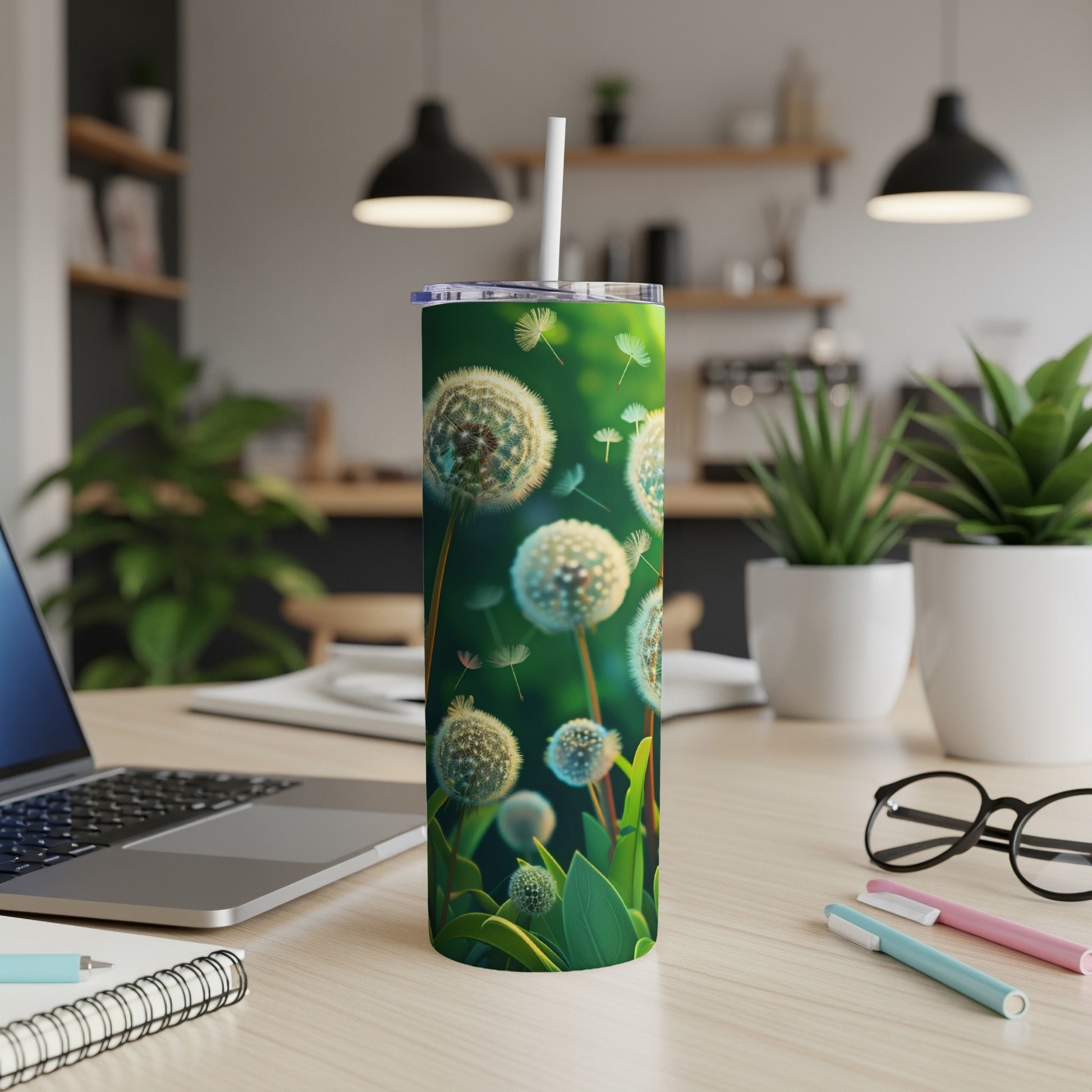 Dandelion pattern on a white tumbler with a straw.
