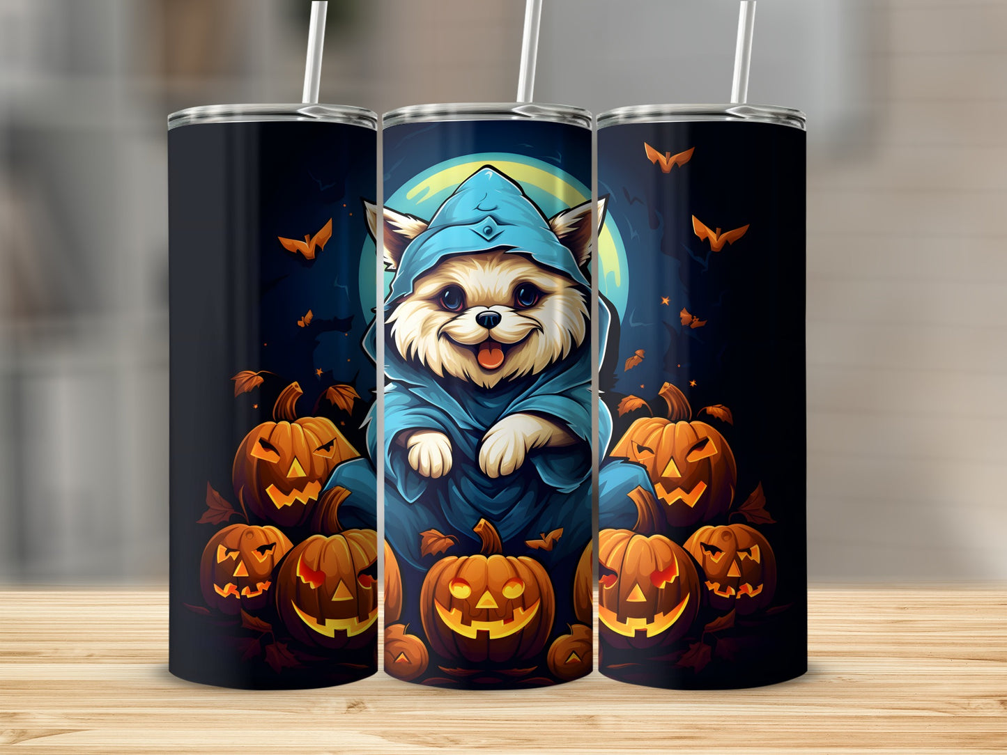 Halloween tumbler with a cute dog in a blue robe surrounded by pumpkins.