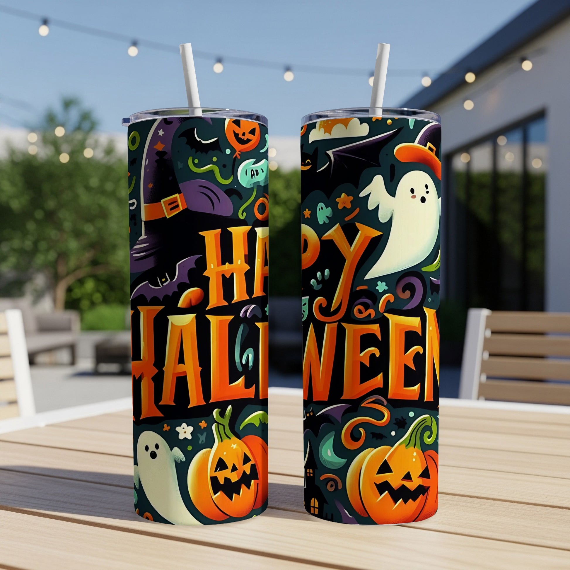 Two tumblers with "Happy Halloween" text and spooky graphics on a table.