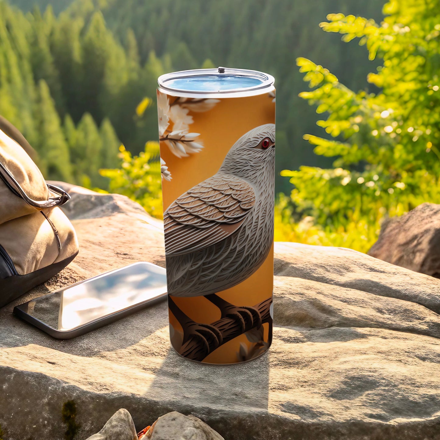 White Bird Blossom Nature Art Tumbler product type
Tumbler
Insulated tumbler
Bird art
Nature design
White bird
Travel mug
Drinkware
Floral pattern
Blossom print
Wildlife art
Animal print
Outdoor theme
Unique design
Gift idea
Red eye bird
Coffee cup
Water bottle
Artistic tumbler
Orange background
Beverage container