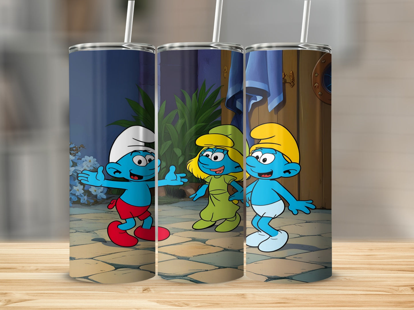 Three Smurfs in casual clothing standing on a tiled floor.