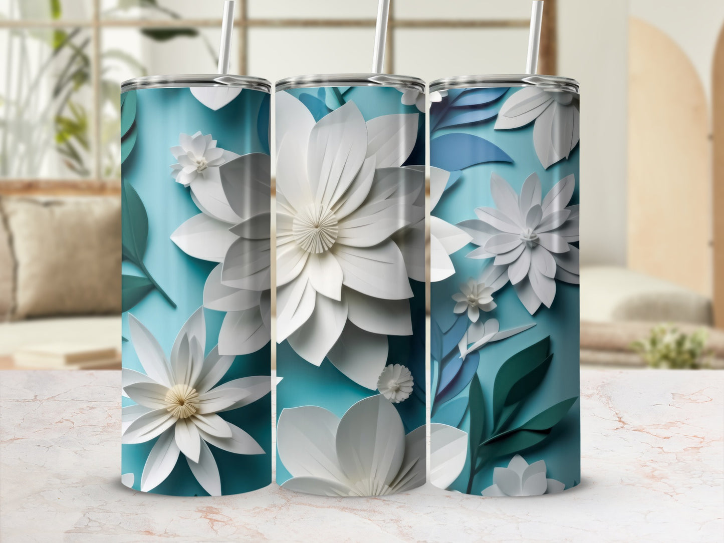 Elegant White Flowers Blue Background Tumbler Product