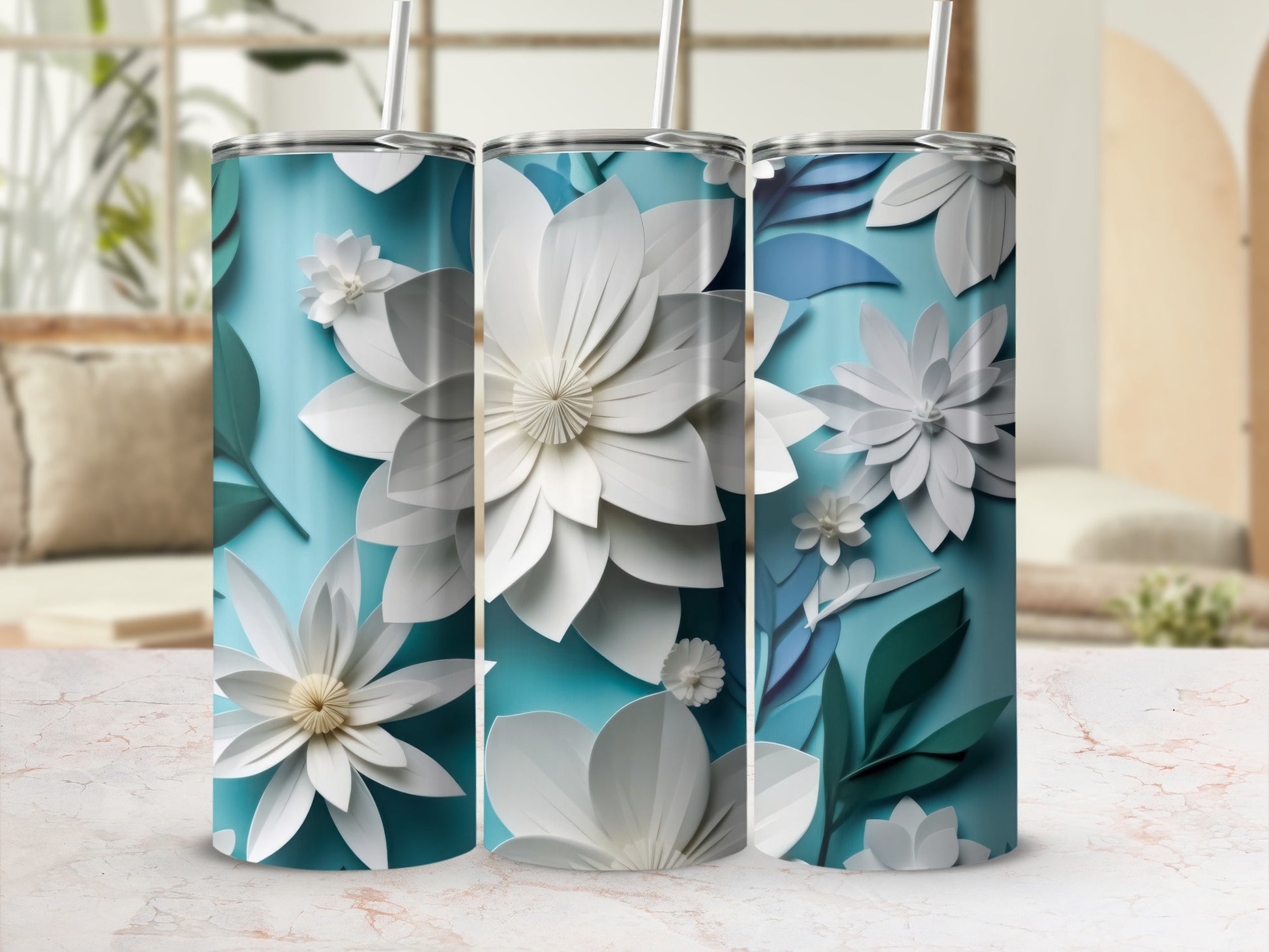 Elegant White Flowers Blue Background Tumbler Product