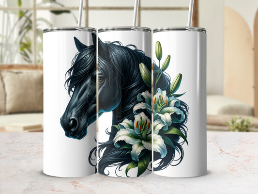 Three white tumblers featuring a black horse head with white lilies.