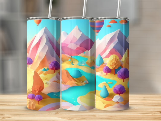 Three tumblers with colorful mountain landscape pattern and straws.
