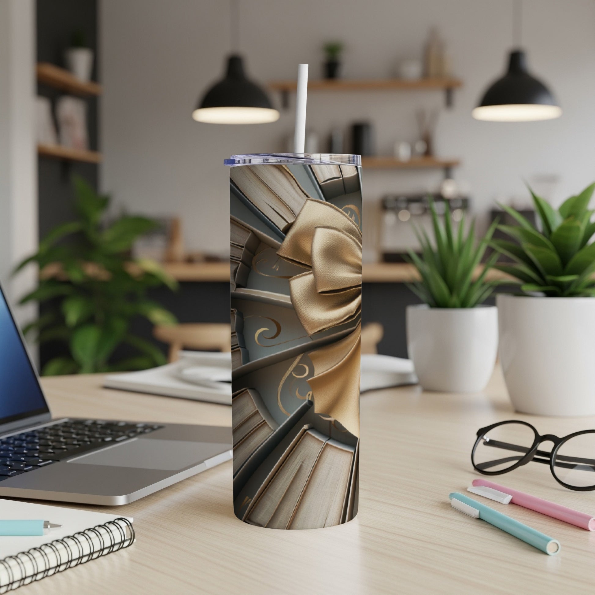 Tall tumbler with an antique book and gold ribbon design.