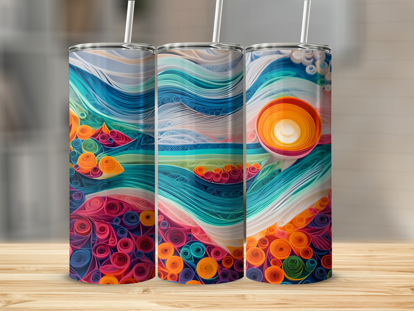 Three tumblers with a colorful, wavy, abstract landscape design.