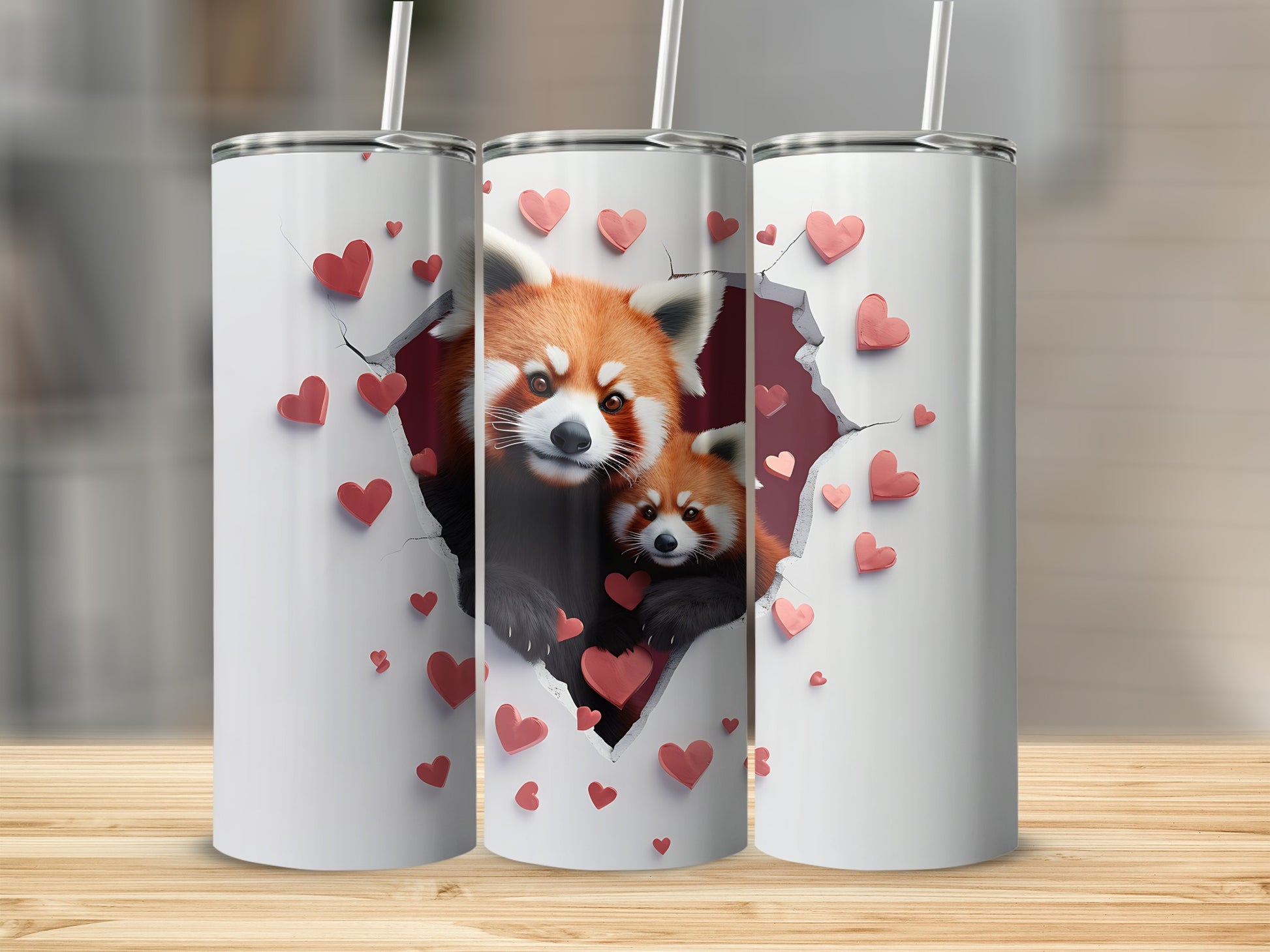 Three white tumblers feature red panda cubs emerging from a heart-shaped hole.