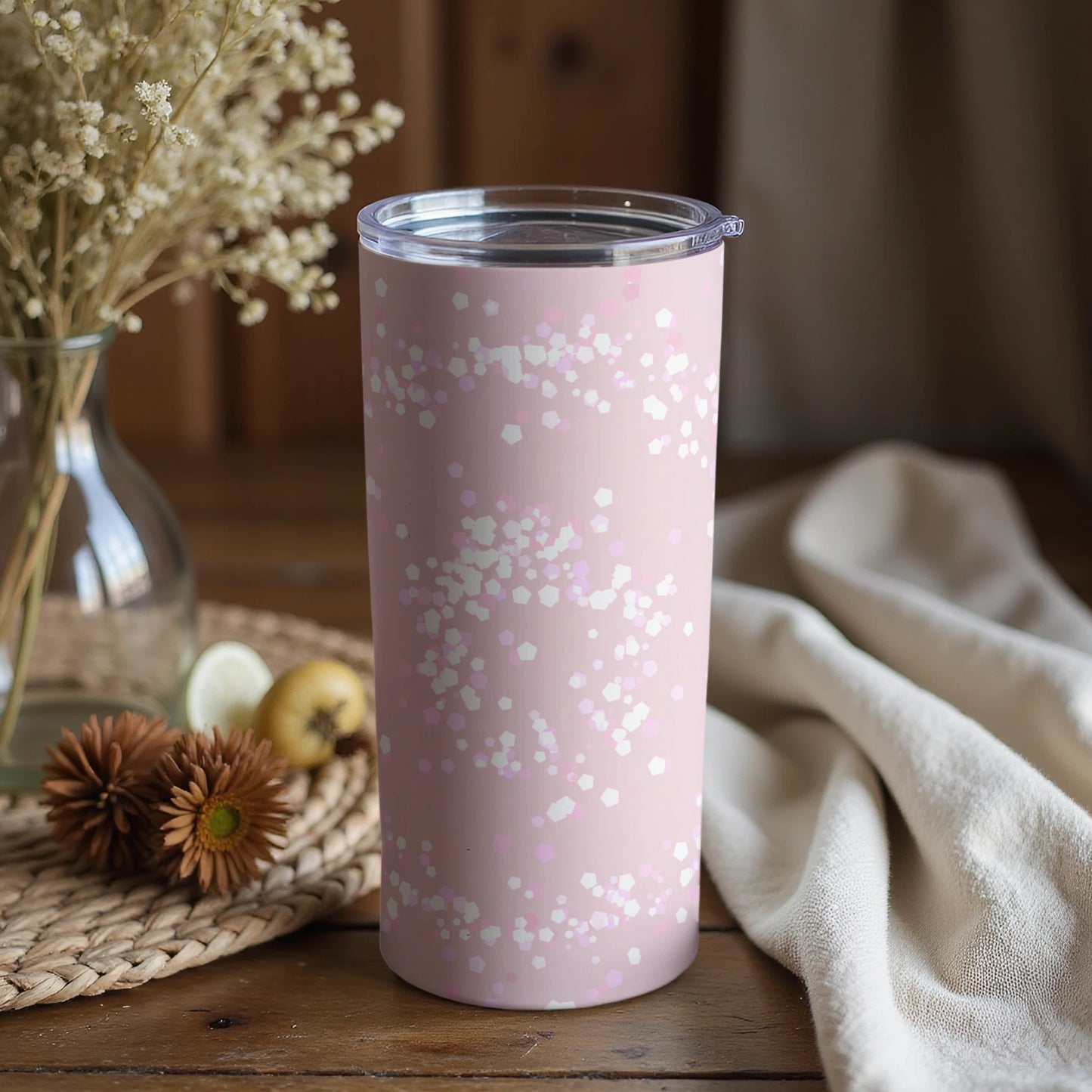 Sparkling Pink Tumbler with Floral Background Design