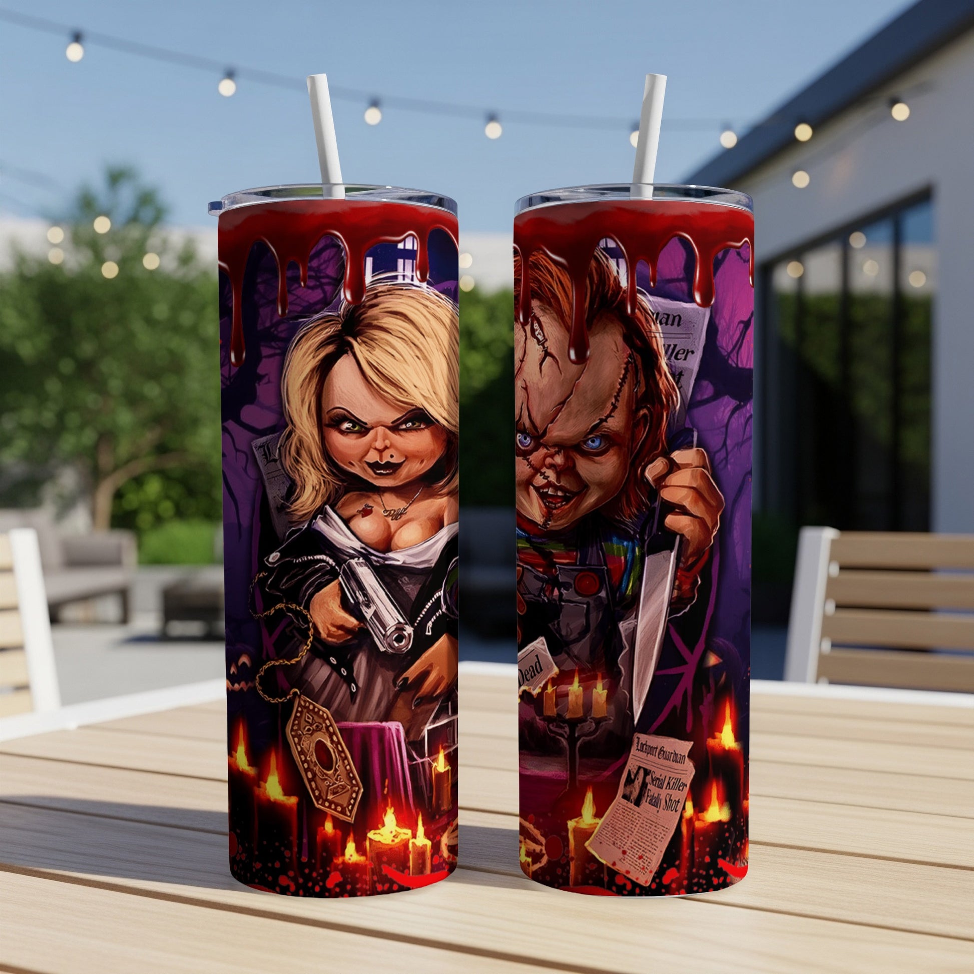 Chucky doll designs on two insulated tumblers with straws.