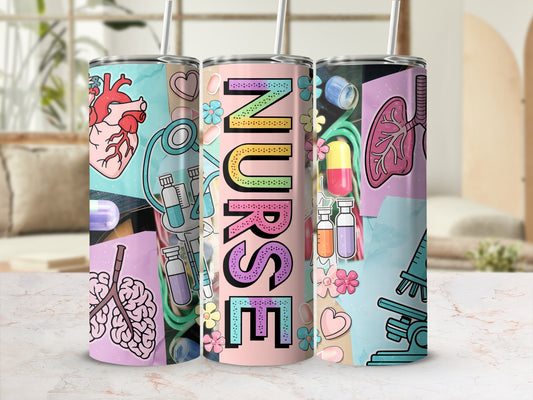 Three tumblers with medical-themed designs, featuring hearts, lungs, and pills.