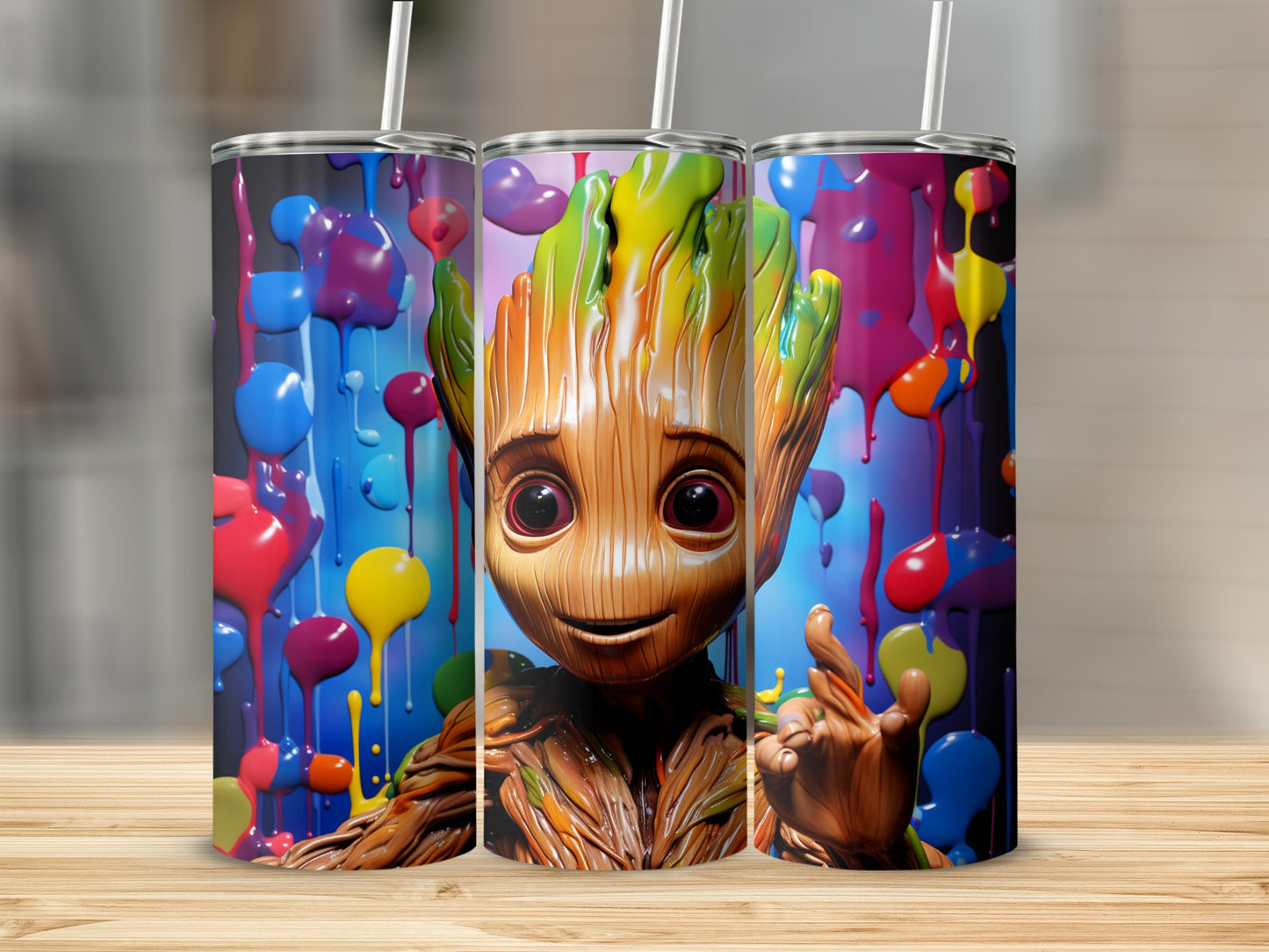 Colorful Dripping Paint Baby Groot Tumbler Design