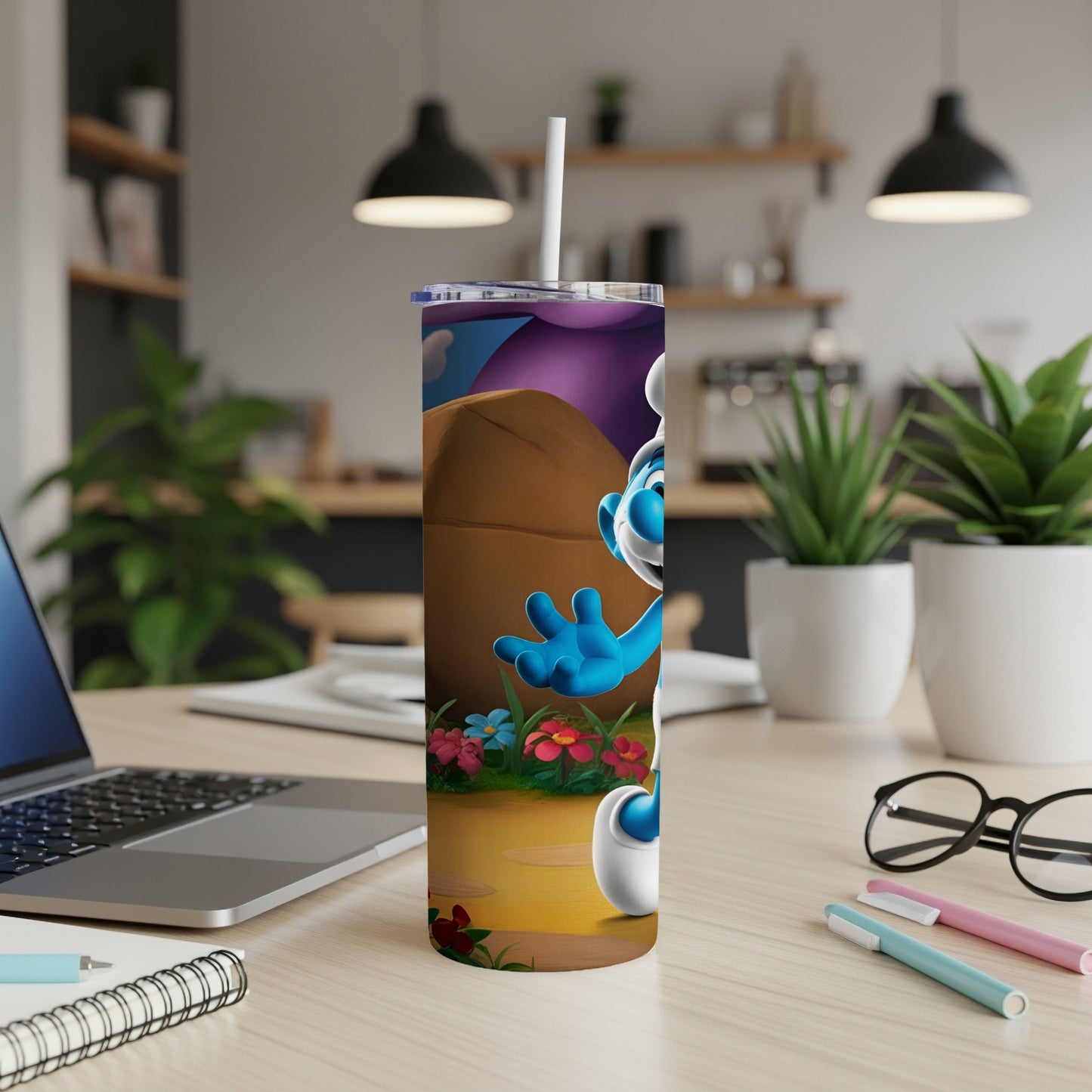Smurf character waving on a colorful background with a tumbler.