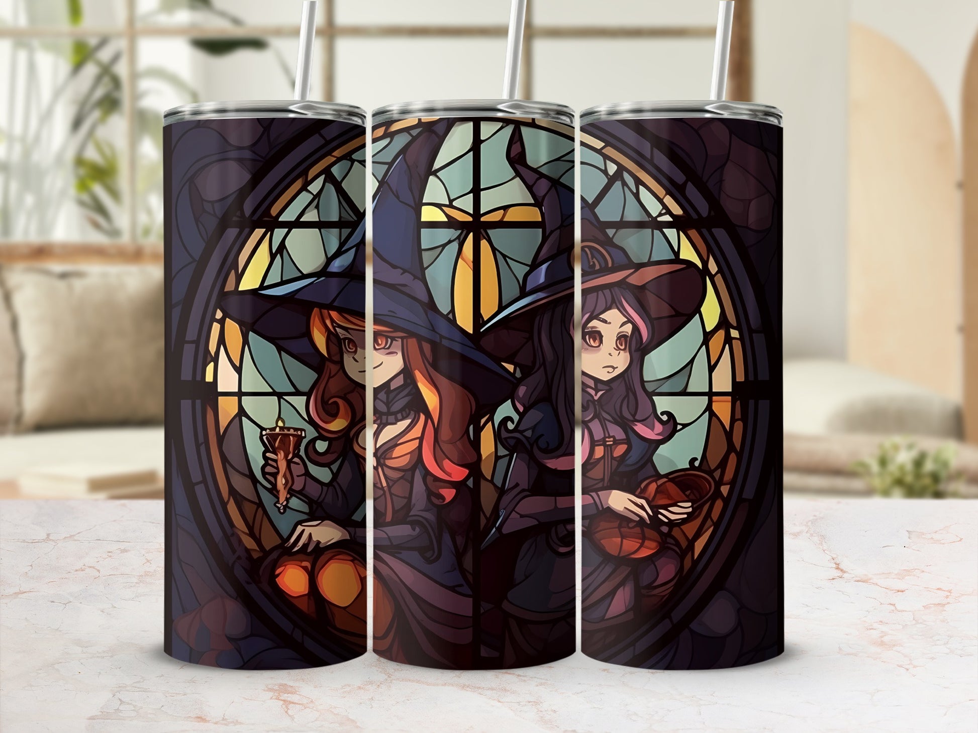 Three stained-glass style tumblers featuring witch designs and straws.