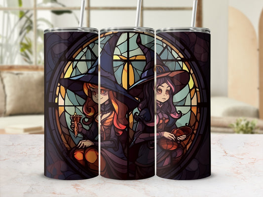 Three stained-glass style tumblers featuring witch designs and straws.