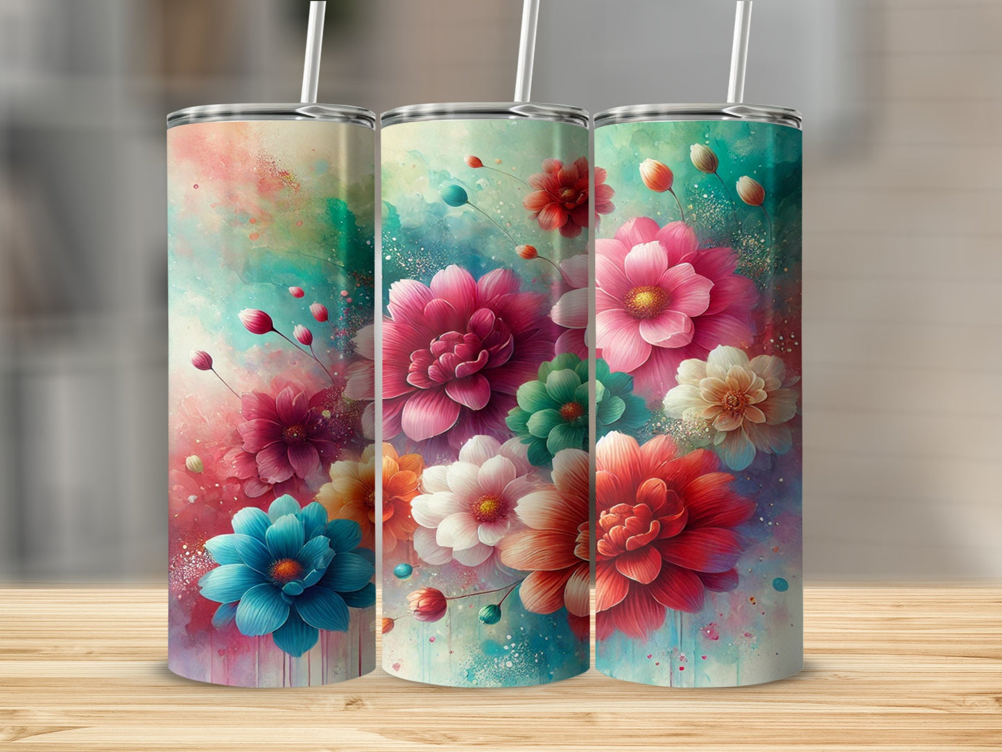 Colorful Floral Design Stainless Steel Tumbler Cups