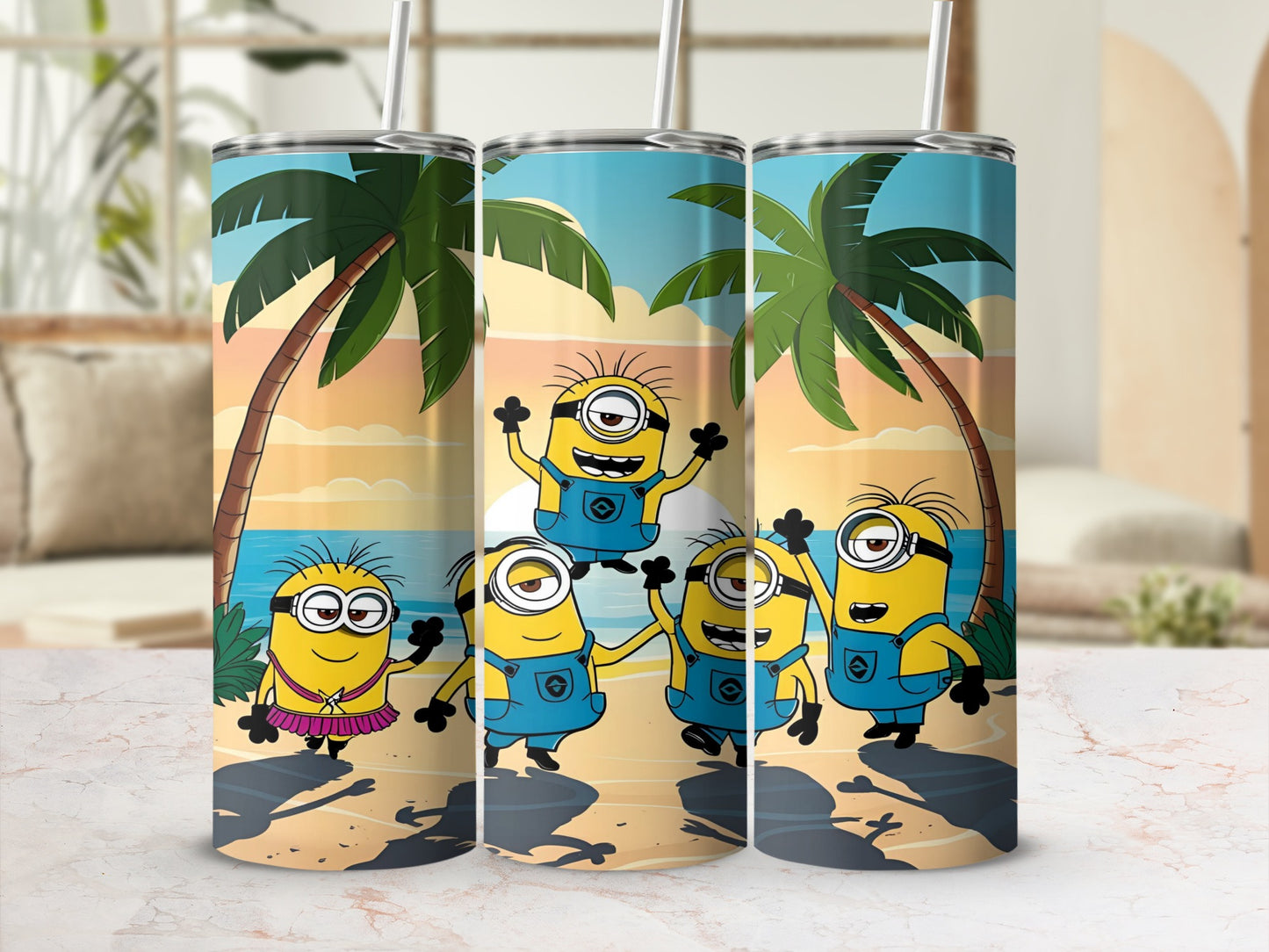 Three Minions characters on a beach with palm trees and ocean.