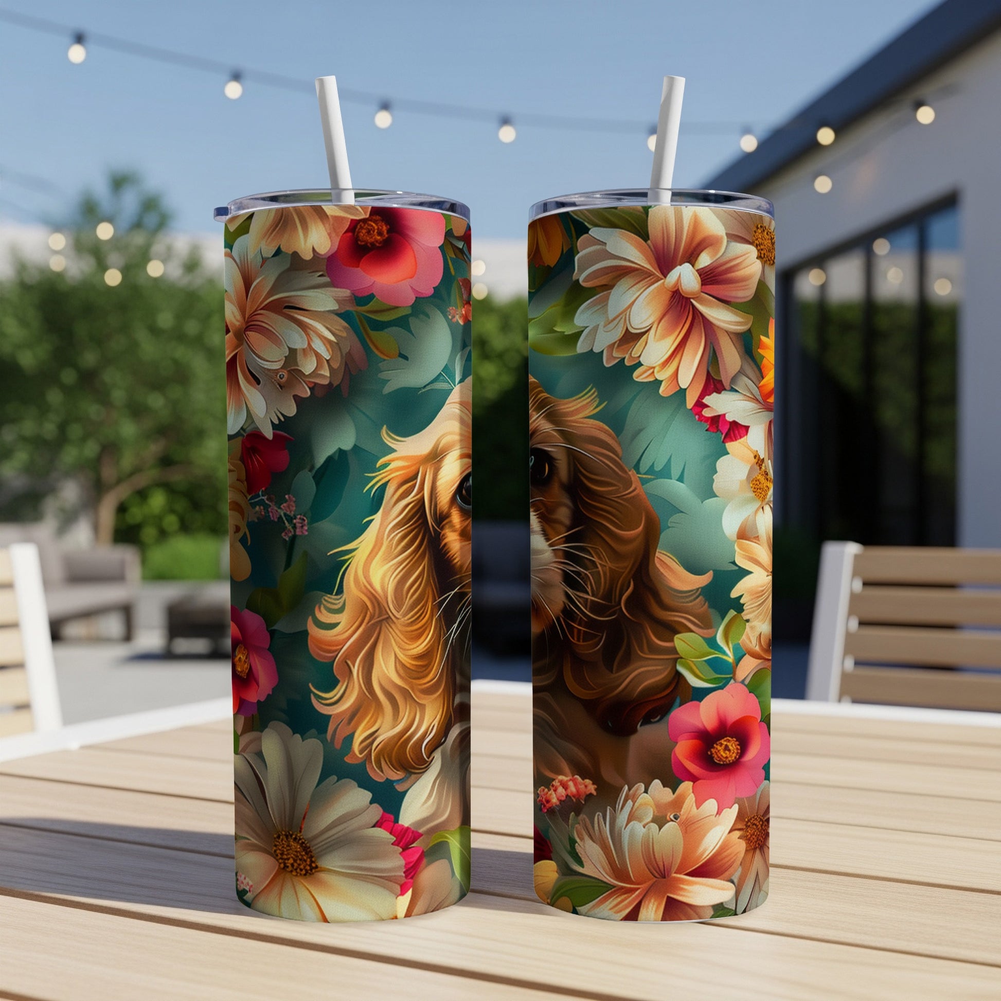 Two tumblers with a close-up portrait of a dog surrounded by flowers.