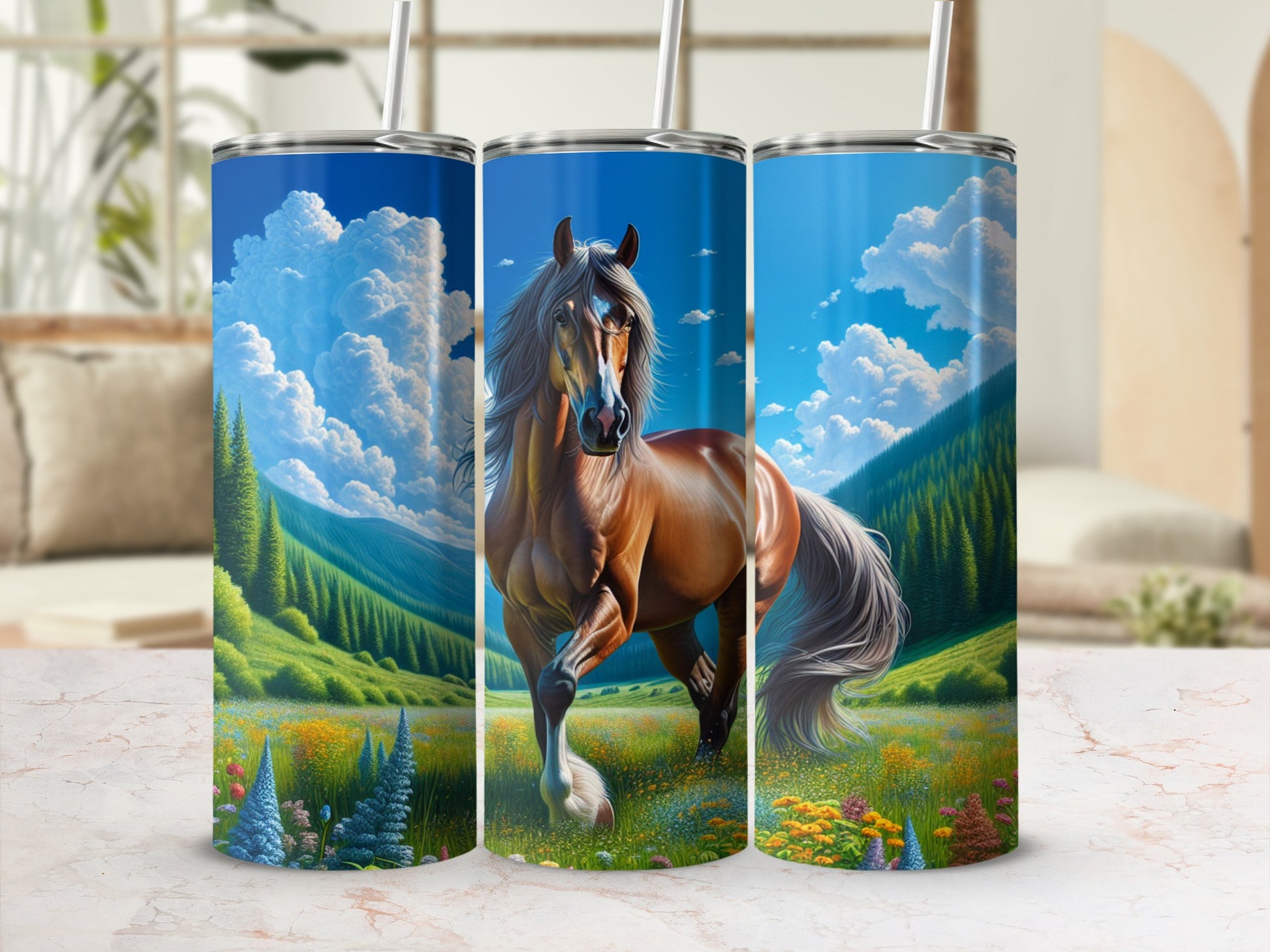 Brown horse running through a meadow under a cloudy sky.
