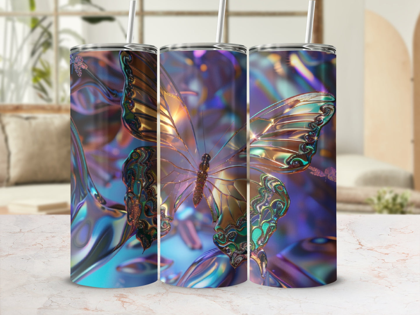 Three tumblers with iridescent butterfly designs, set against a blurred background.