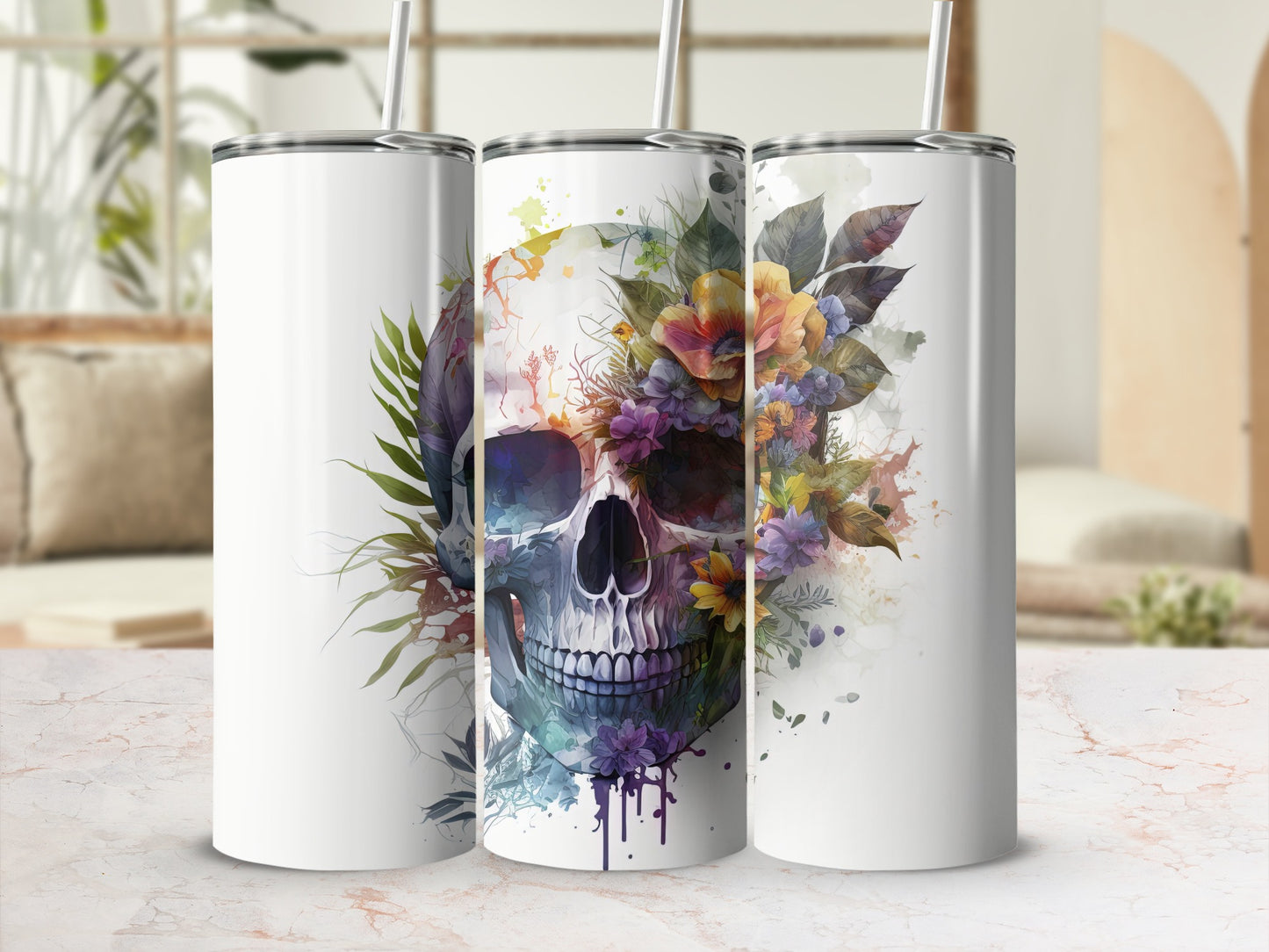 Colorful Skull with Floral Art Tall Drinkware