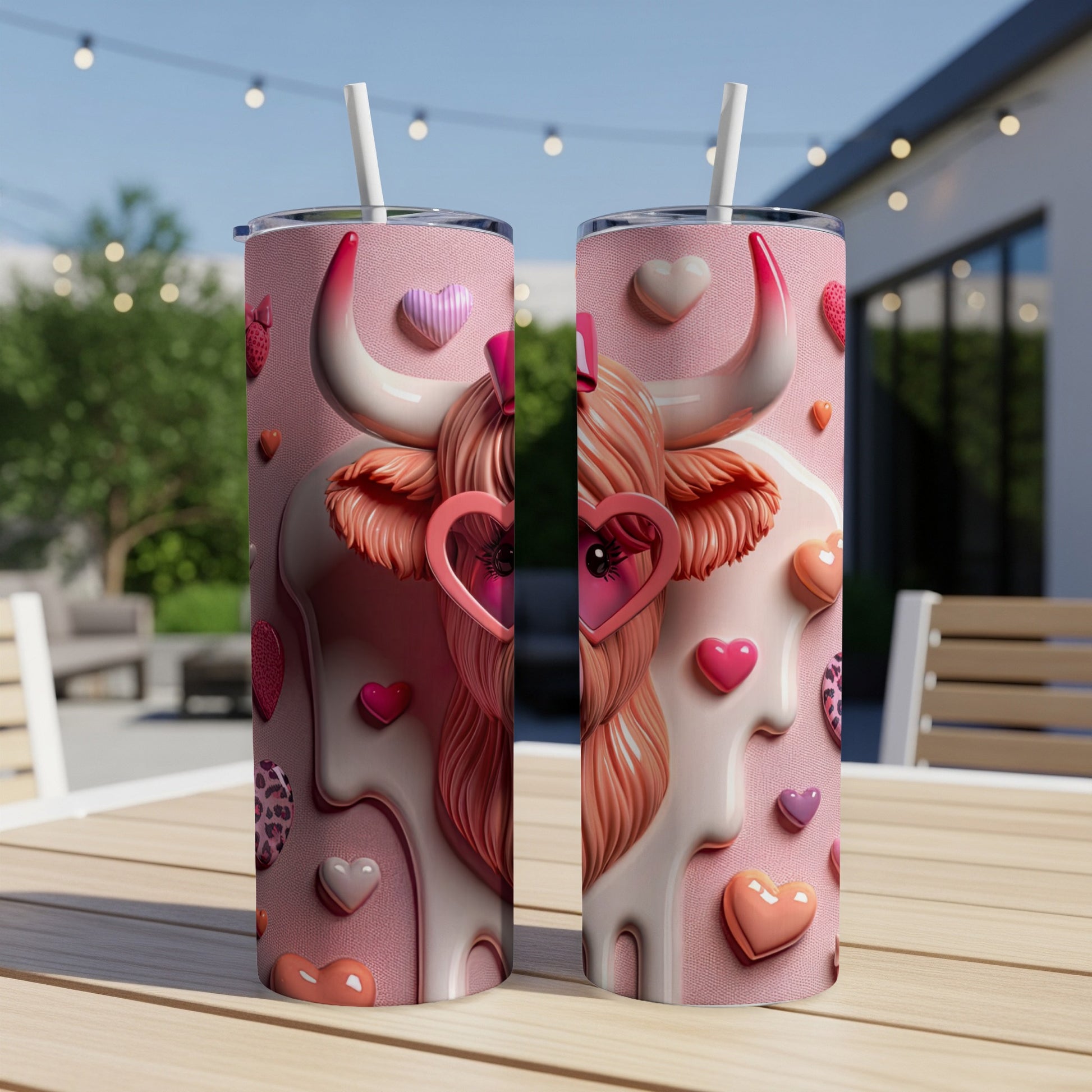Pink cow tumbler with hearts and sunglasses on a table.