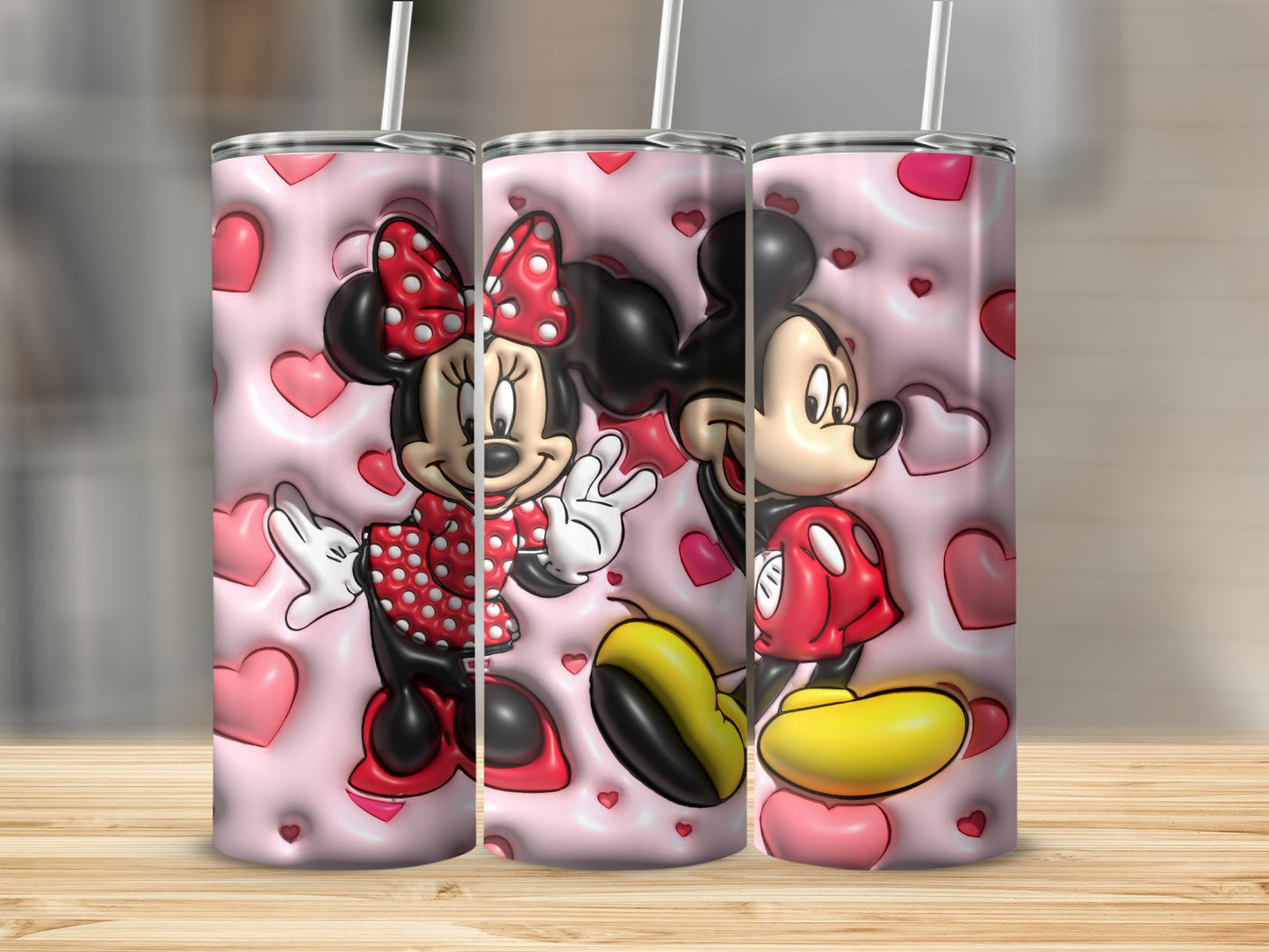 Cute Minnie and Mickey Mouse Tumblers with Hearts Design