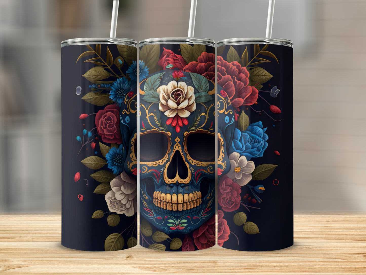Vibrant Skull Floral Design Insulated Tumbler
