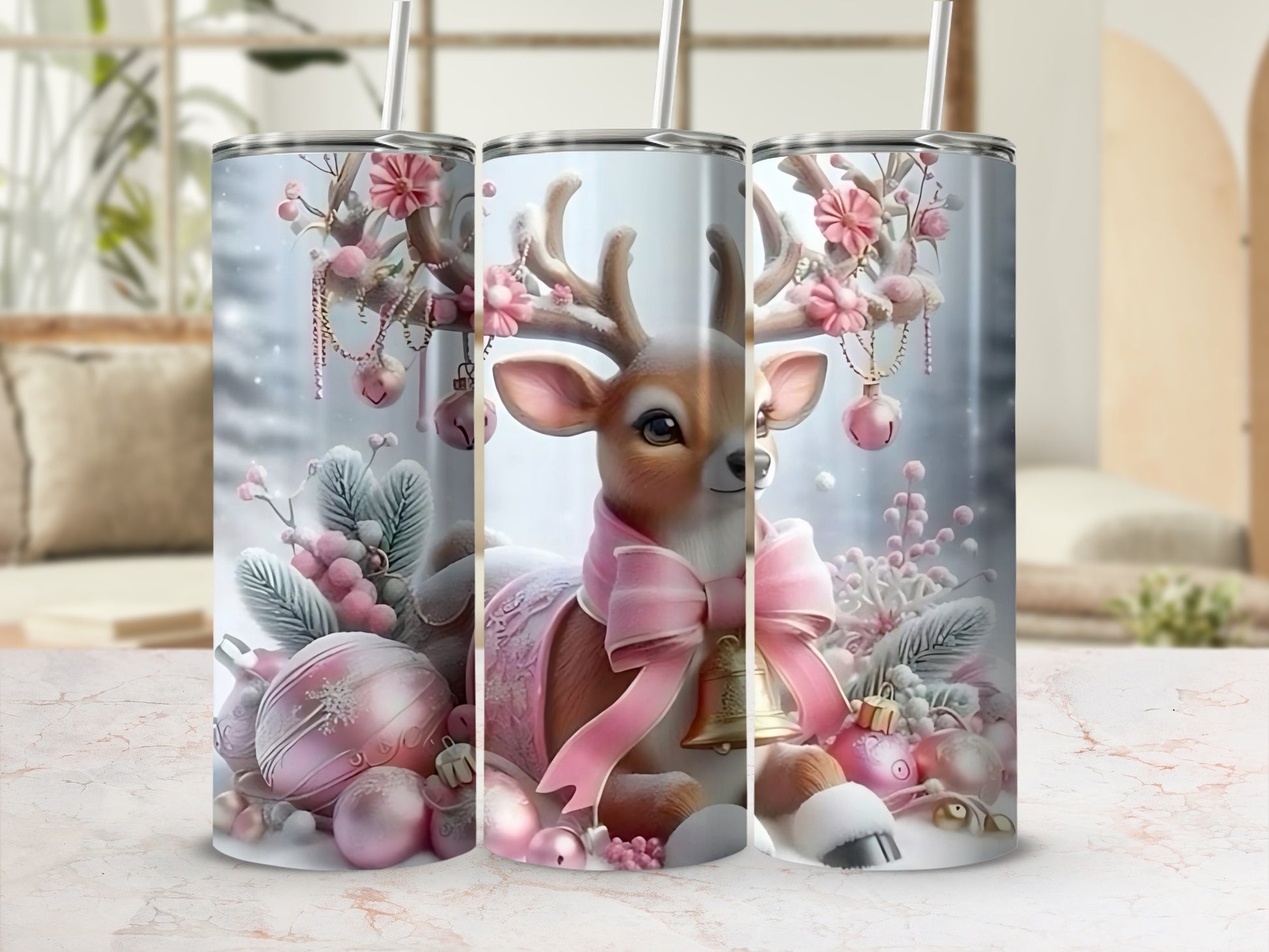 Pink Christmas Reindeer Themed Tumbler