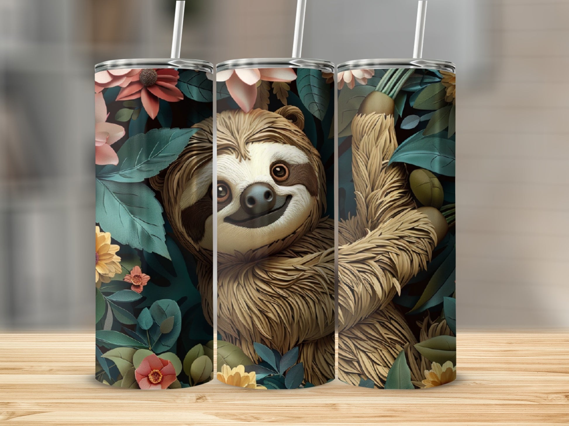 Sloth illustration on three tumblers surrounded by tropical foliage and flowers.