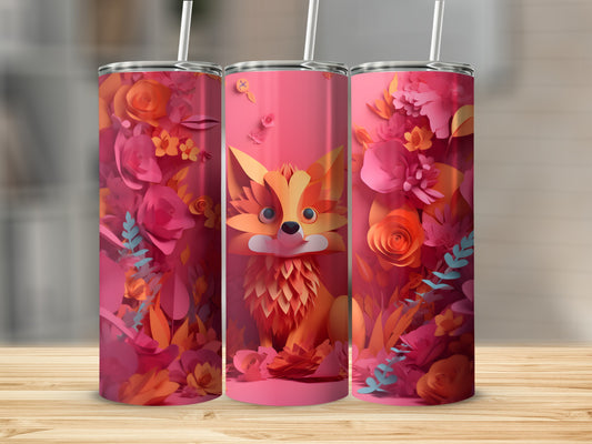 Pink floral tumbler with a cartoon fox, presented in a set of three.