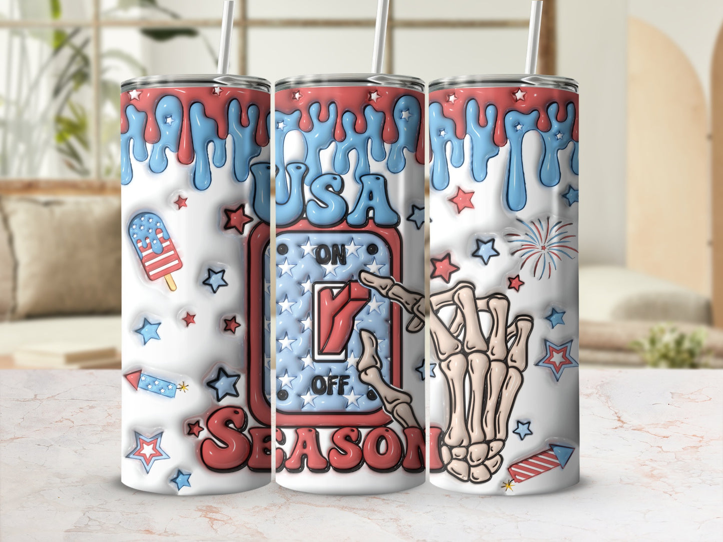 3D patriotic tumbler with "USA ON OFF SEASON" text and skeleton hand.