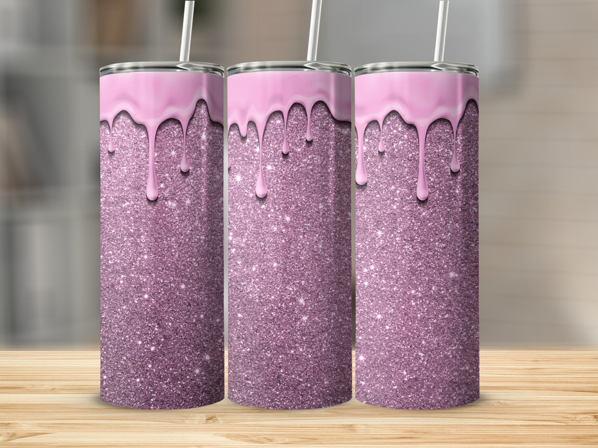Pink Glitter Tumbler with Dripping Paint Design