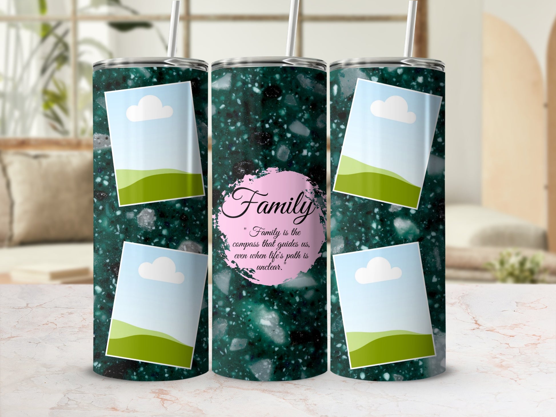 Tumblers with a green speckled design and quote, "Family is the compass that guides us."