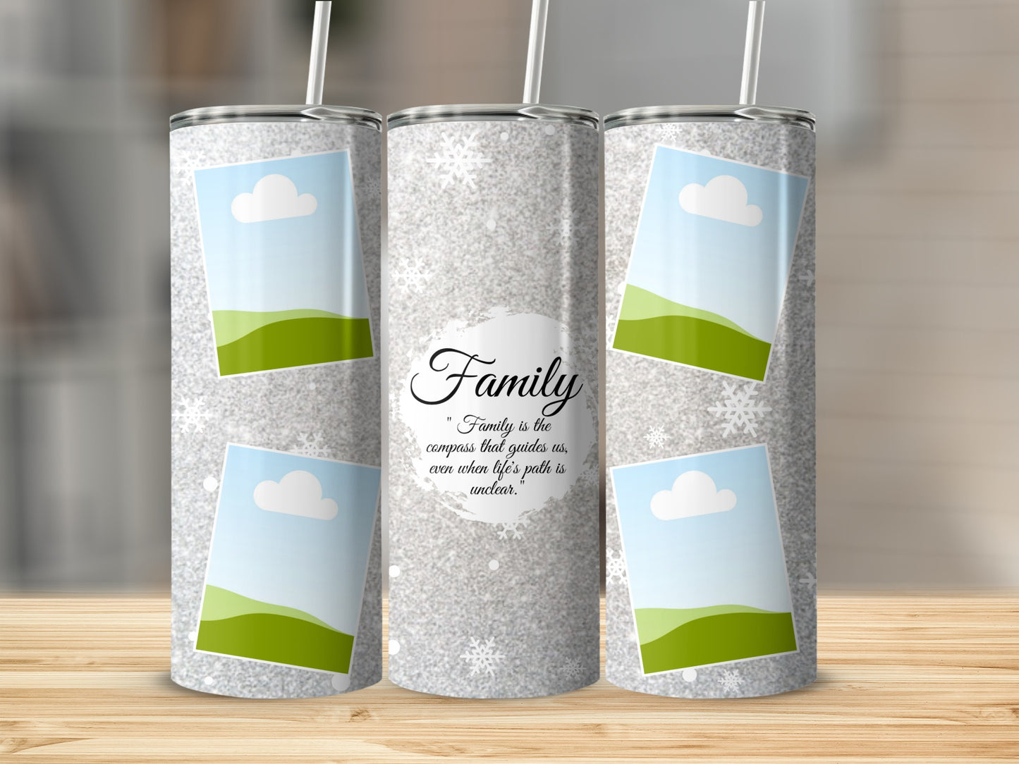 Glittery tumbler with snowflake design and "Family" quote, featuring photo placeholders.