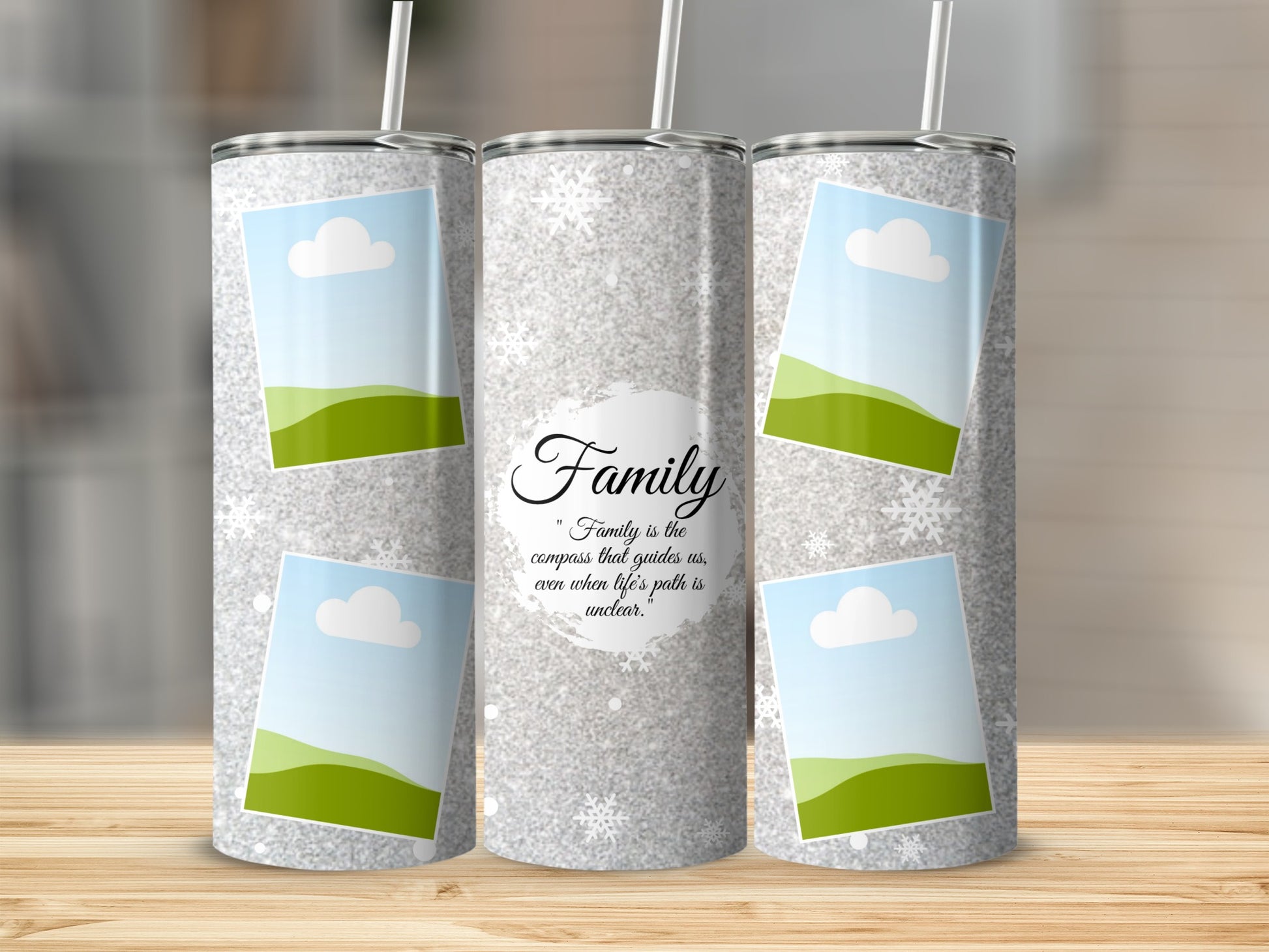 Glittery tumbler with snowflake design and "Family" quote, featuring photo placeholders.