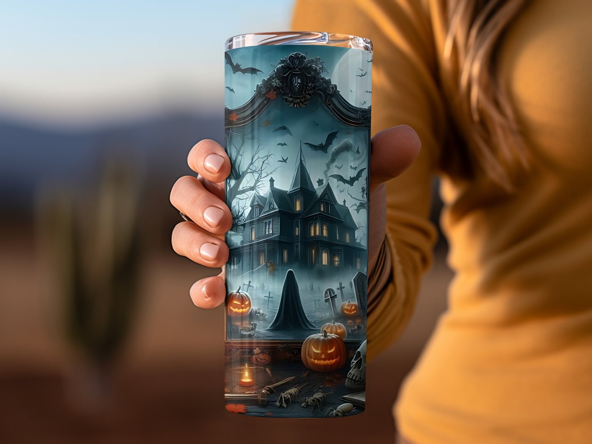 Haunted House with Bats and Pumpkins Tumbler product