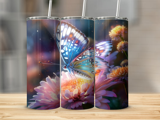 Blue butterfly on a pink flower, three tumblers in a row.