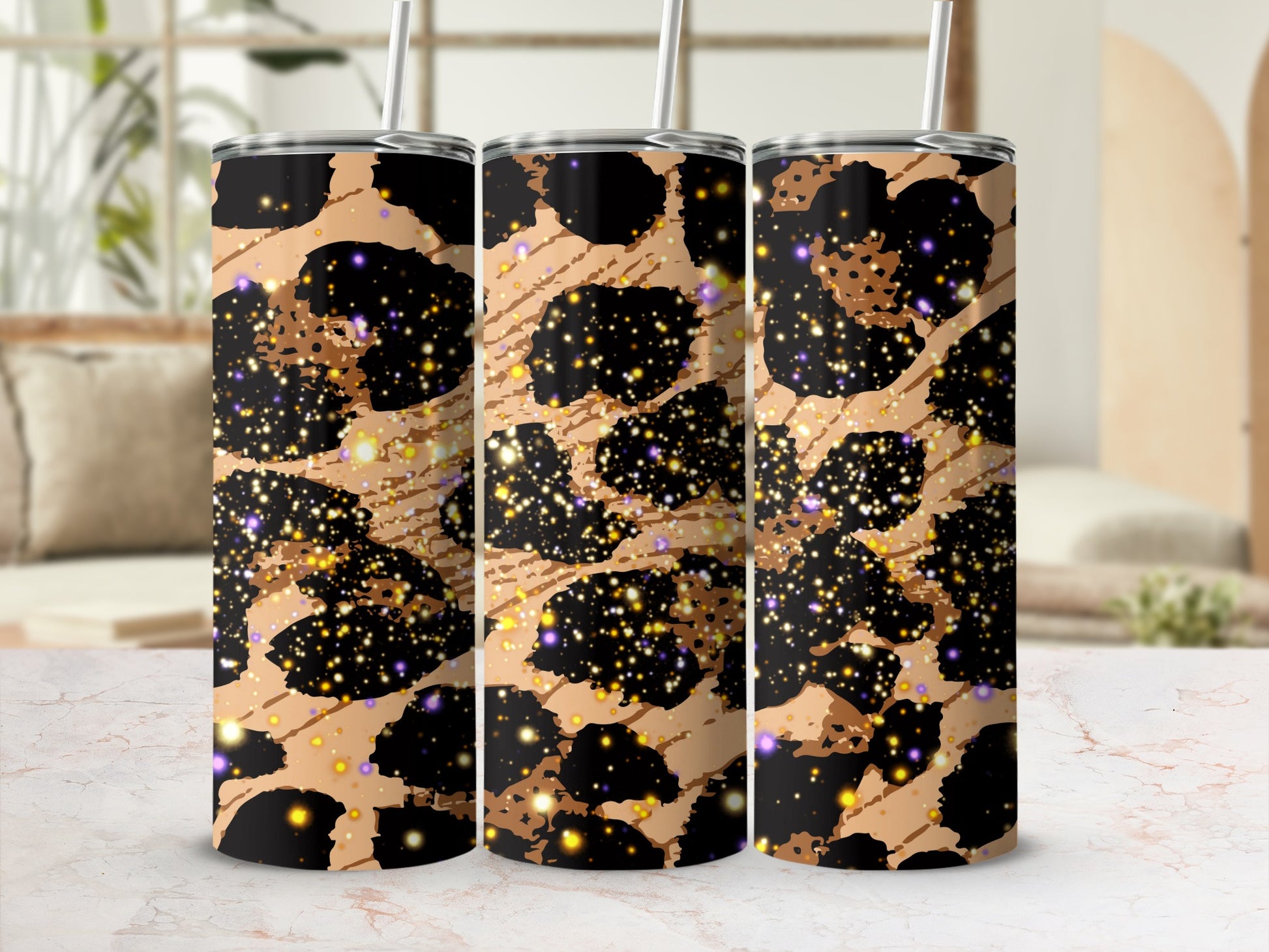 Glitter Leopard Print Design Insulated Tumbler Cups