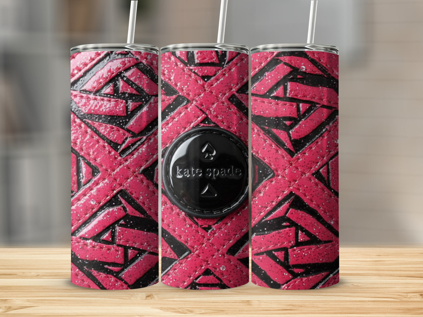 Inspired By Fabulous Kate Spade Logo Pink Black Geometric Pattern Tumblers