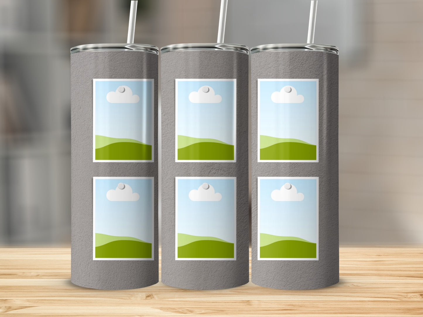 Three gray tumblers with straw holes, each displaying six blank landscape image placeholders.