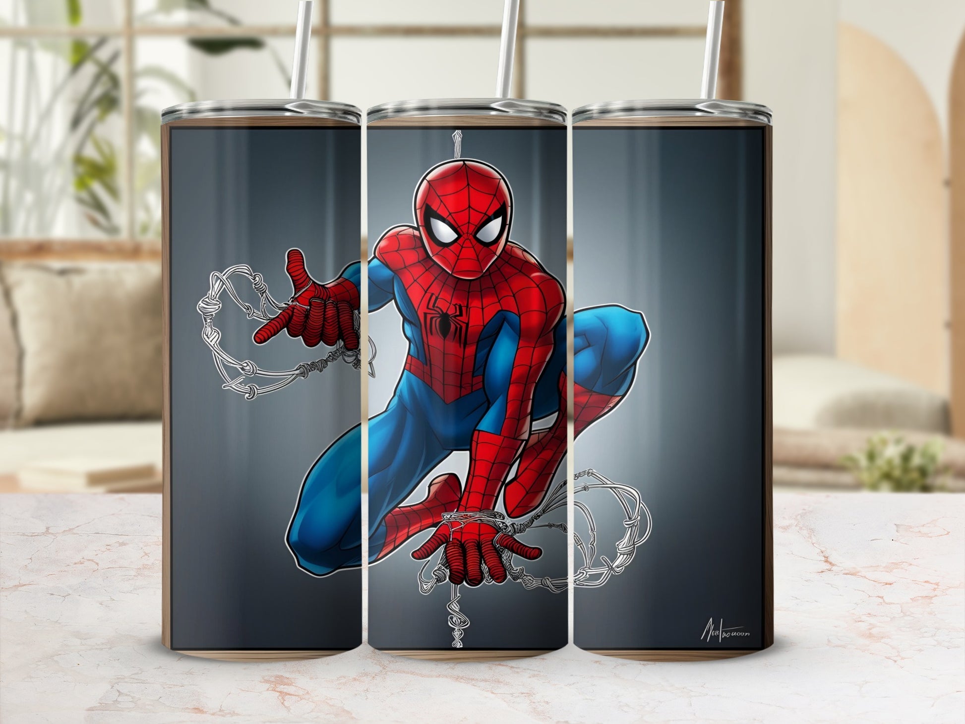 Spiderman in action, swinging on a web, on a stainless steel tumbler.