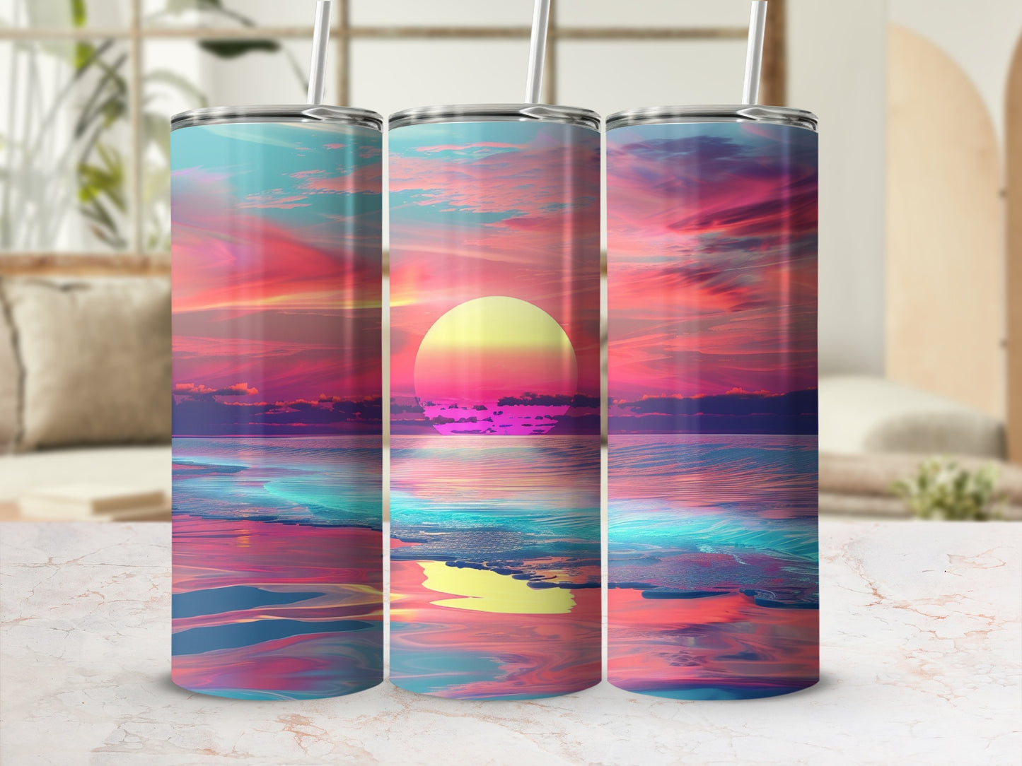 Sunset seascape reflected on three tumblers with straw holders.